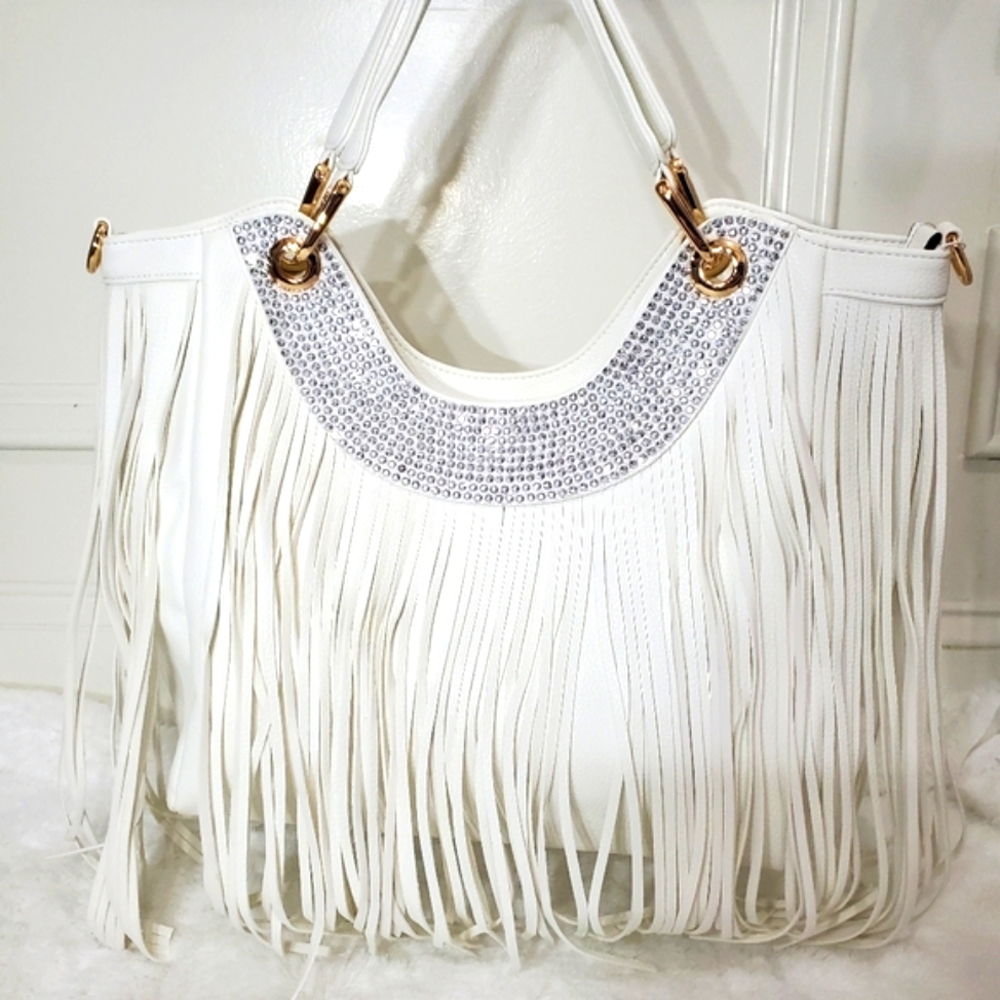 Gorgeous White Fringe Rhinestone handbag Vegan Leather